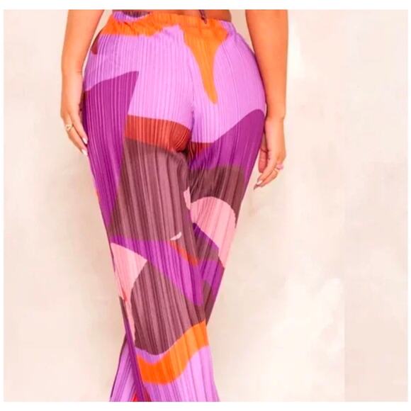 PrettyLittleThing Pink Print Plisse High Waist Wide Leg Trousers US Size 8 NWT - Picture 4 of 5